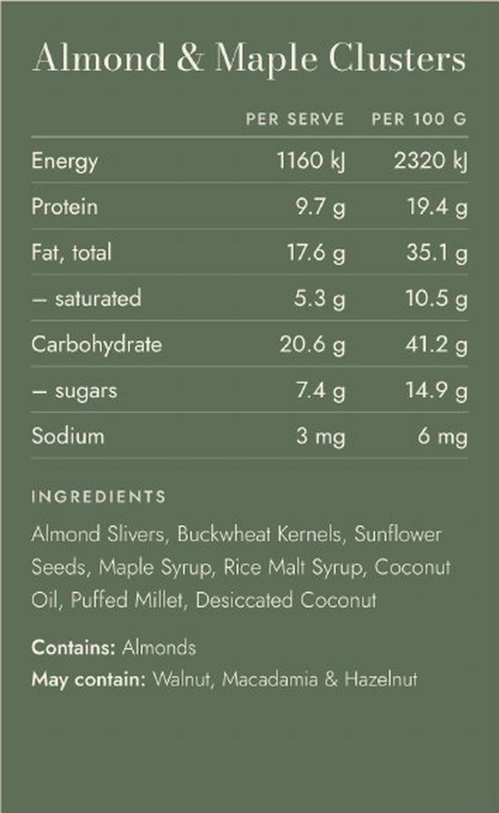 Almond & Maple Clusters nutrition information and ingredients