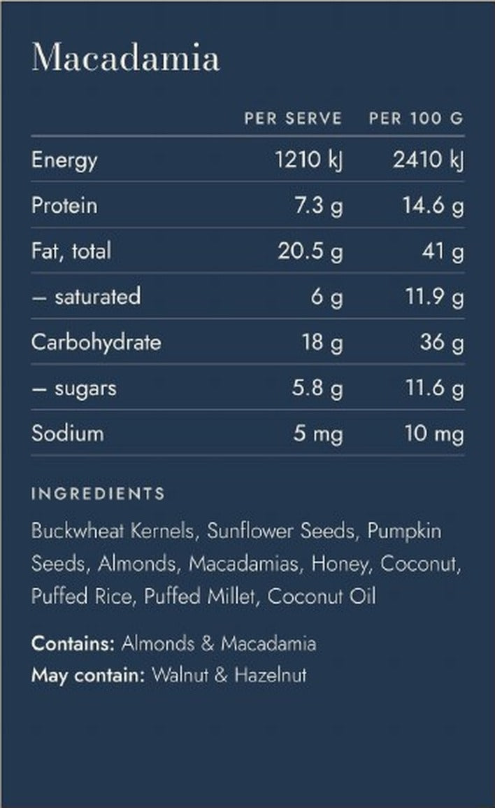 Macadamia Granola nutrition information and ingredients